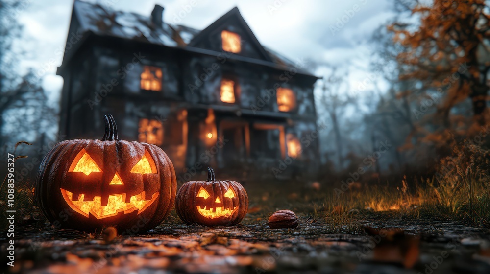 Spooky Halloween Pumpkins In Front Of Haunted House. Spooky Halloween Pumpkins In Front Of Haunted House.