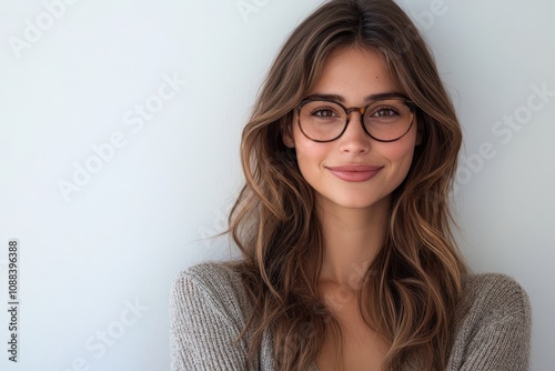 Smiling woman in glasses. Perfect for blogs, websites, or articles about vision, fashion, or beauty.