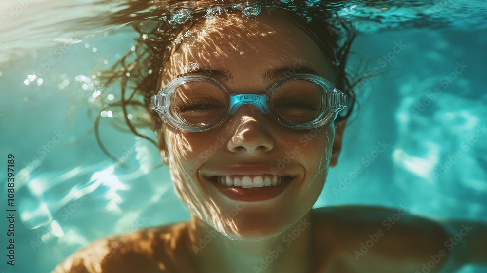 Fototapeta premium Joyful woman underwater with goggles, embracing summer fun and relaxation in a sparkling pool.