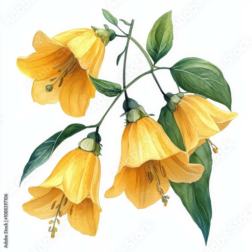 Watercolor painting of yellow bell flowers.