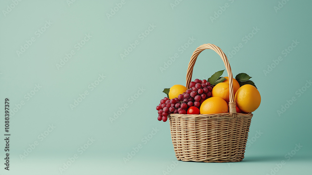 wicker basket filled with fresh fruits like grapes and oranges wicker basket filled with fresh fruits like grapes and oranges