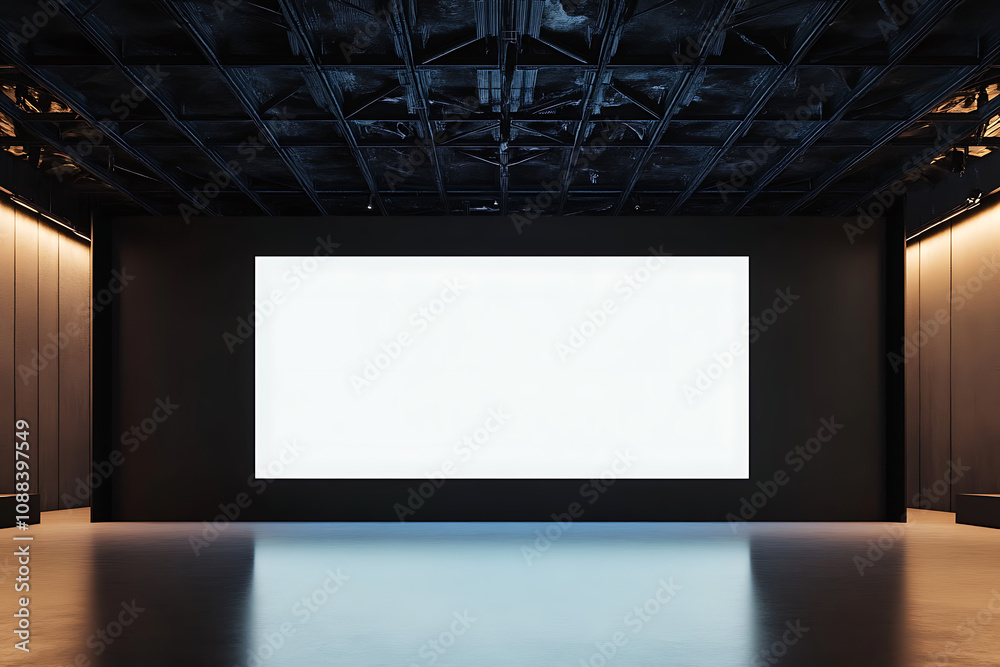 Modern Exhibition Space with Blank Screen on Dark Background Modern Exhibition Space with Blank Screen on Dark Background