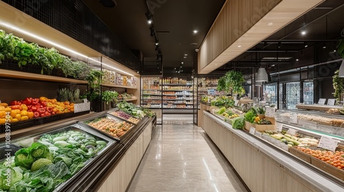 Well-stocked grocery store aisle showcasing fresh vegetables and fruits in a clean, modern environment with vibrant colors.