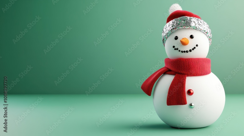 A cute 3D snowman looking sideways .an empty green wall for text space, wearing a red scarf and hat with shiny silver confetti on a green background A cute 3D snowman looking sideways .an empty green wall for text space, wearing a red scarf and hat with shiny silver confetti on a green background