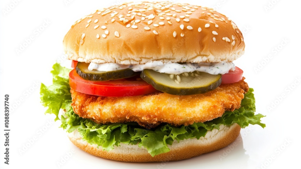 A gourmet fish burger with a crispy breaded fish fillet, lettuce, tomato A gourmet fish burger with a crispy breaded fish fillet, lettuce, tomato