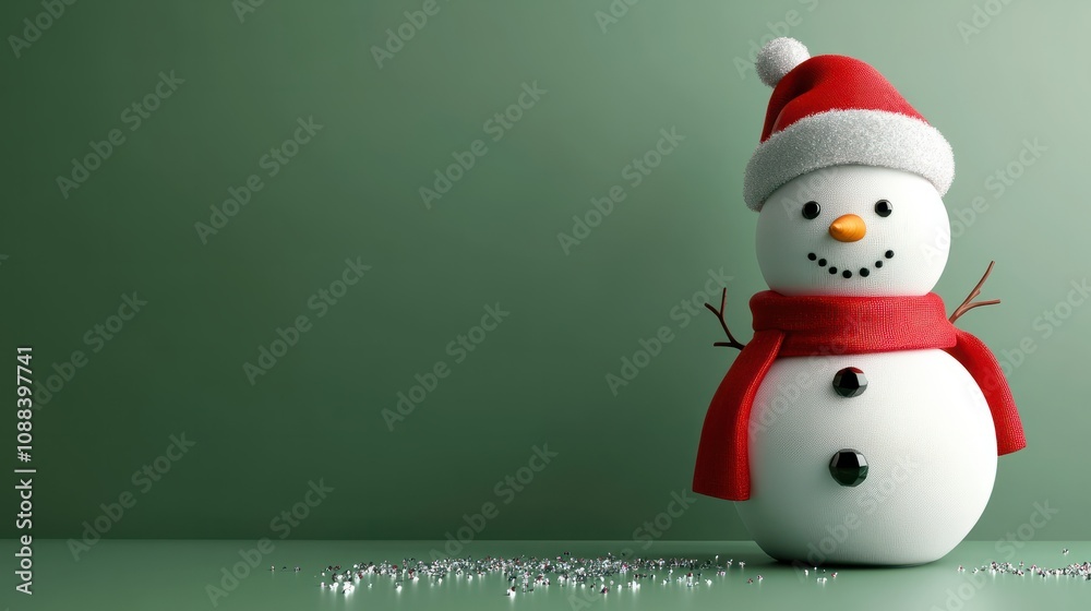 A cute 3D snowman looking sideways .an empty green wall for text space, wearing a red scarf and hat with shiny silver confetti on a green background A cute 3D snowman looking sideways .an empty green wall for text space, wearing a red scarf and hat with shiny silver confetti on a green background
