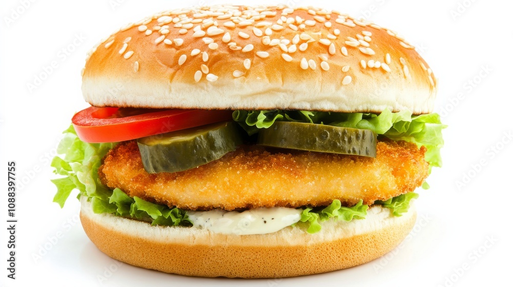 A gourmet fish burger with a crispy breaded fish fillet, lettuce, tomato