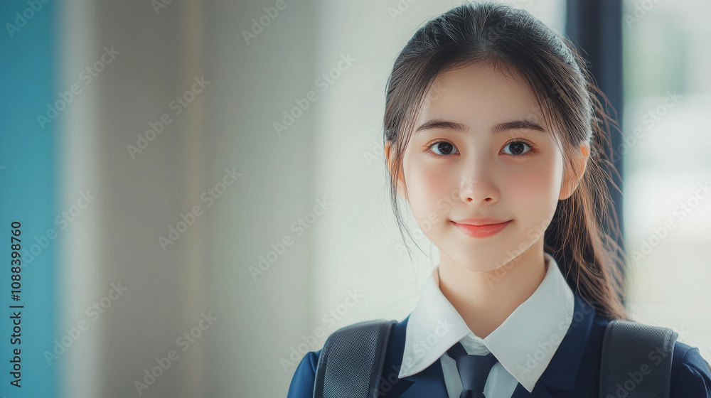 Portrait of a cute teenage Asian schoolgirl wearing uniform with copy space Portrait of a cute teenage Asian schoolgirl wearing uniform with copy space
