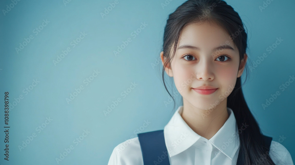 Portrait of a cute teenage Asian schoolgirl wearing uniform with copy space Portrait of a cute teenage Asian schoolgirl wearing uniform with copy space