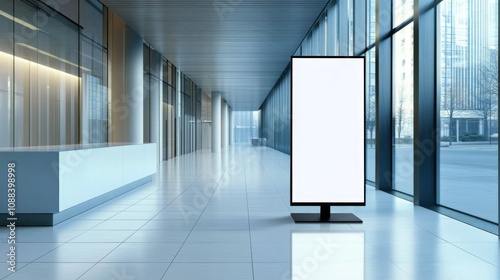 Modern 3D mock-up of an empty office hallway with blank billboard, white LCD screen stand for advertising, and vertical ads banner.