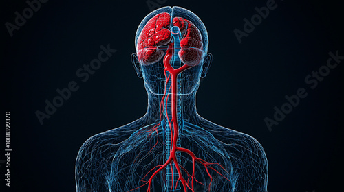 detailed illustration of human circulatory system, showcasing arteries and brain photo