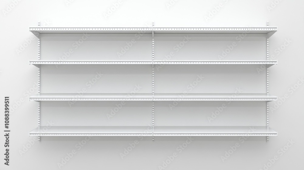 Empty white supermarket shelf mockup with product racks, realistic 3D bookcase set in varied angles, blank store promotion equipment. Empty white supermarket shelf mockup with product racks, realistic 3D bookcase set in varied angles, blank store promotion equipment.