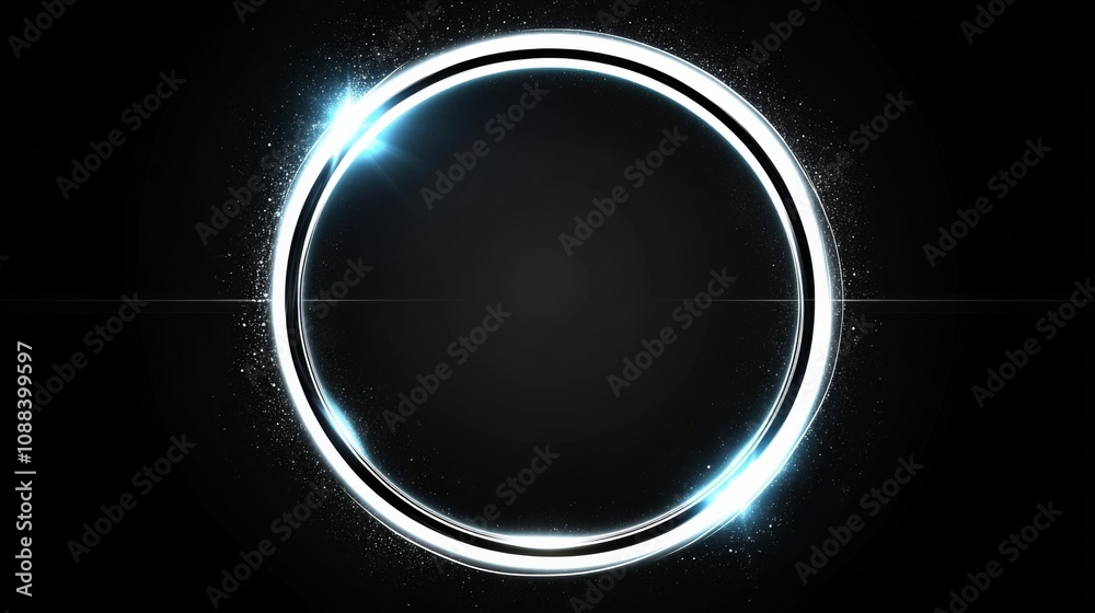 Fototapeta premium Illuminated neon circle with sparkling streak of light, surrounded by glare ring, ray, and highlight on black background.