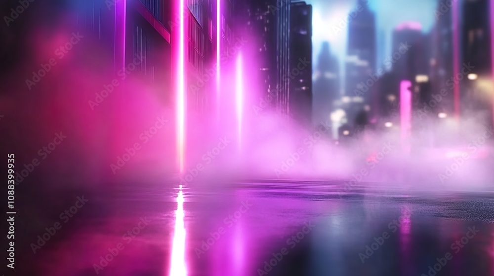 Neon Lights and Fog on City Street at Night, Evoking a Futuristic Urban Landscape With Reflections and Vivid Colors in a Mysterious Ambiance Neon Lights and Fog on City Street at Night, Evoking a Futuristic Urban Landscape With Reflections and Vivid Colors in a Mysterious Ambiance