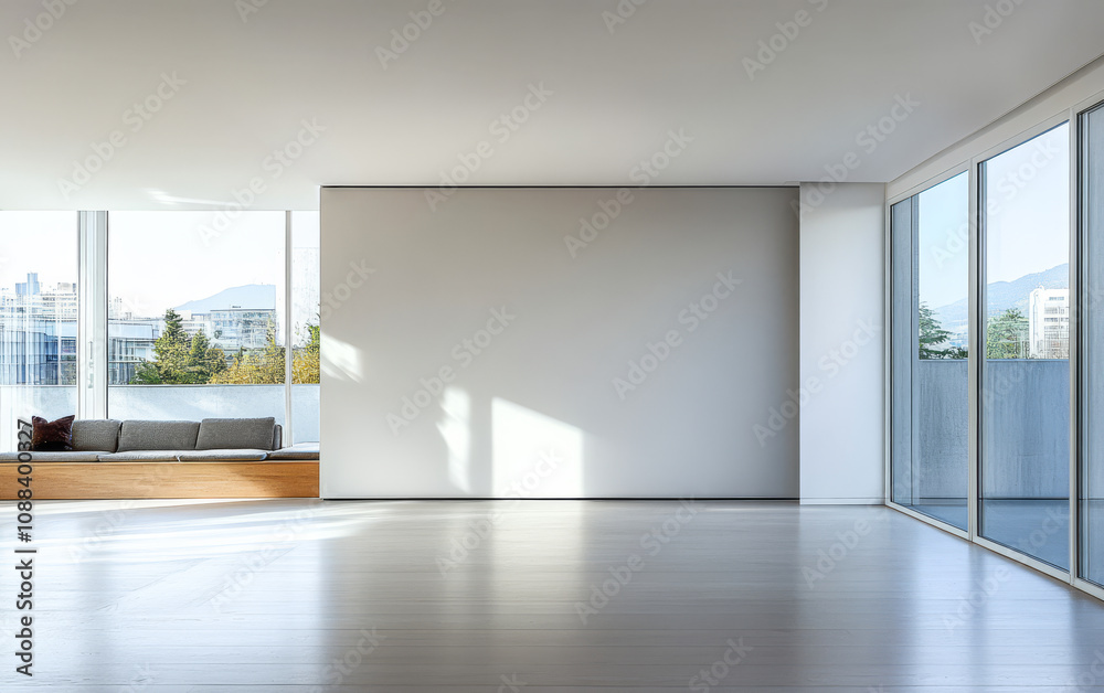 Spacious modern living room with large windows and minimalistic design in bright daylight Spacious modern living room with large windows and minimalistic design in bright daylight