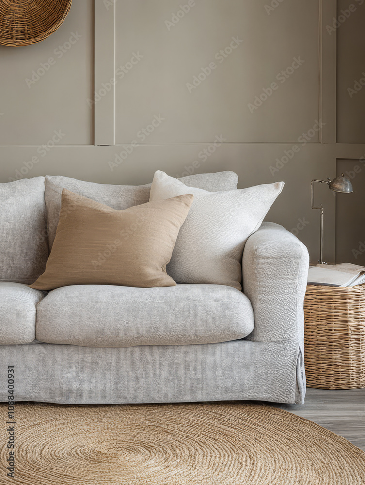 Cozy living room with neutral decor featuring a plush sofa and stylish accessories Cozy living room with neutral decor featuring a plush sofa and stylish accessories