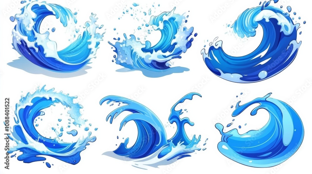 Cartoon sea wave icon with water splashes and liquid swirls in abstract motion design, isolated aqua energy stream. Cartoon sea wave icon with water splashes and liquid swirls in abstract motion design, isolated aqua energy stream.