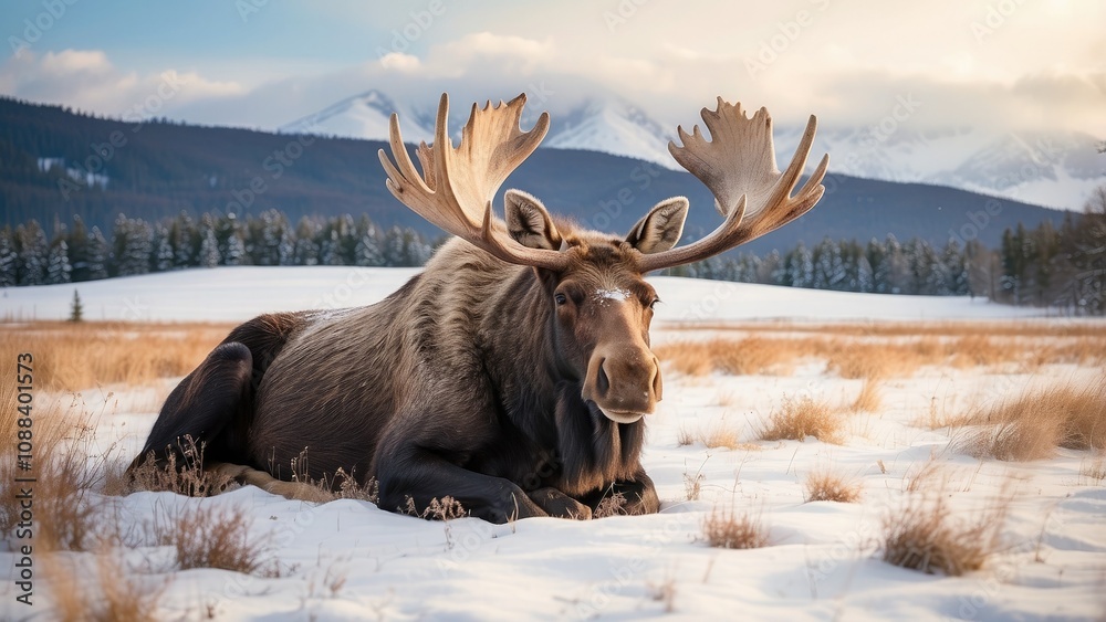 A majestic moose is dozing in a peaceful winter setting with a field covered A majestic moose is dozing in a peaceful winter setting with a field covered