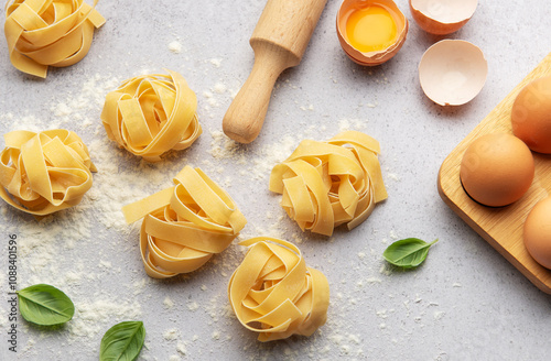 Fettuccine pasta nests with basil, eggs, flour and rolling pin on kitchen table photo