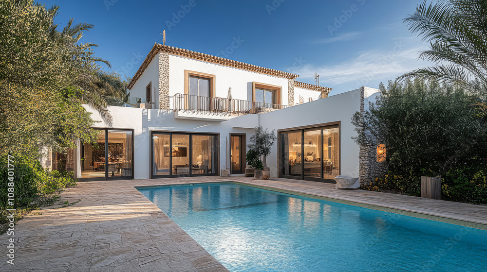 Fototapeta premium Modern villa with swimming pool amidst tropical landscape in sunny weather