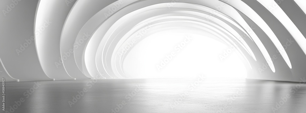 Fototapeta premium Modern 3D illustration of a futuristic white circular building design with geometric wallpaper integration.