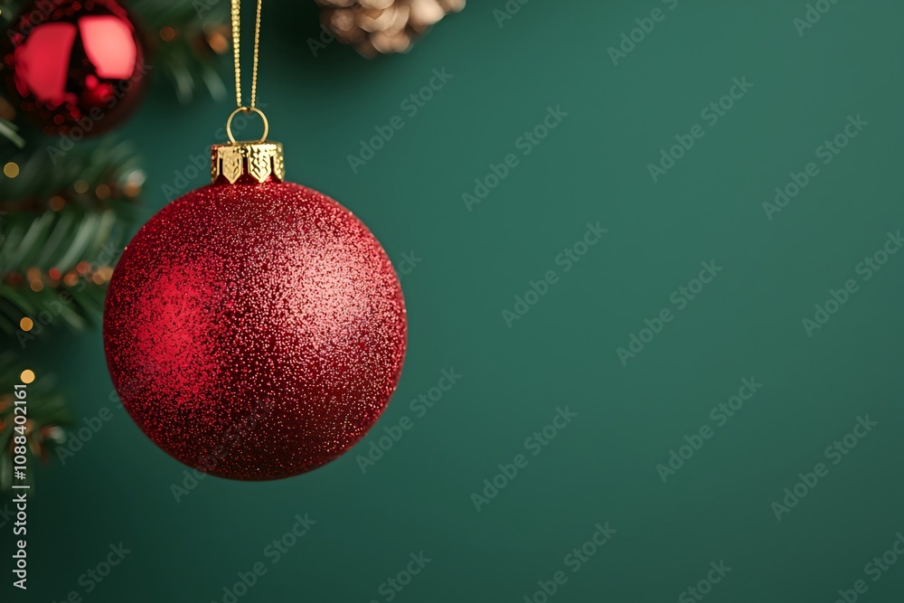 Festive Red Ornament on Green Background Festive Red Ornament on Green Background