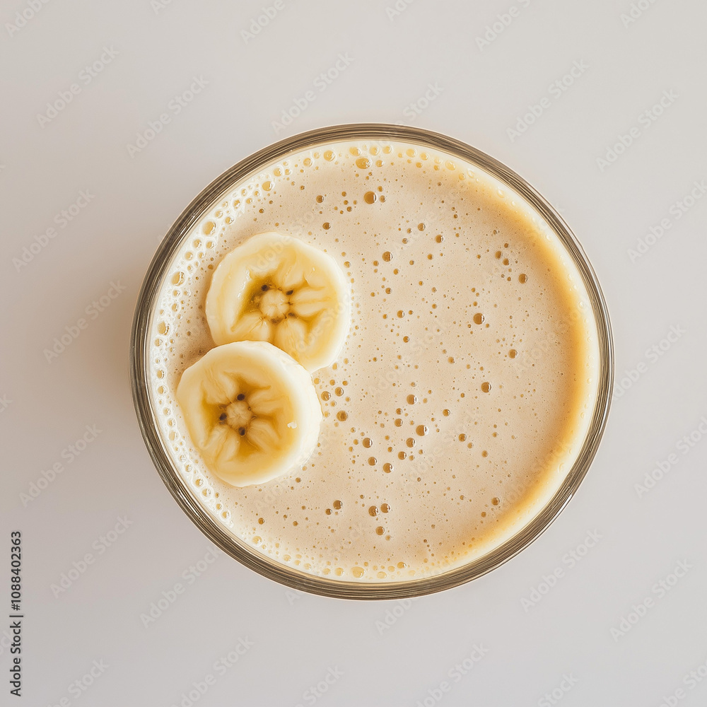 Top view of banana smoothie in a glass bowl on a white table Top view of banana smoothie in a glass bowl on a white table