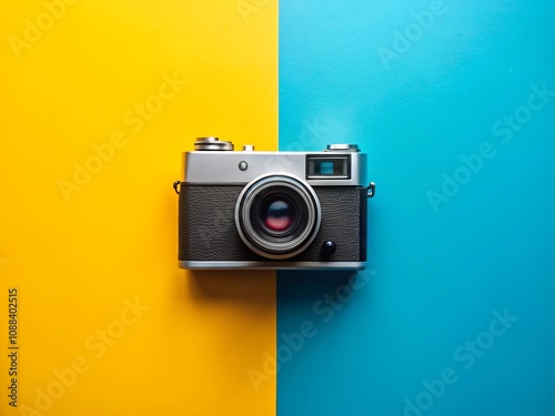 Retro camera on blue and yellow background.