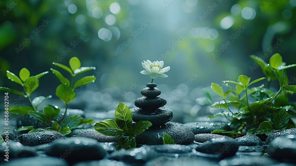 A single white flower blossoms atop a zen rock stack in a serene forest setting. A single white flower blossoms atop a zen rock stack in a serene forest setting.