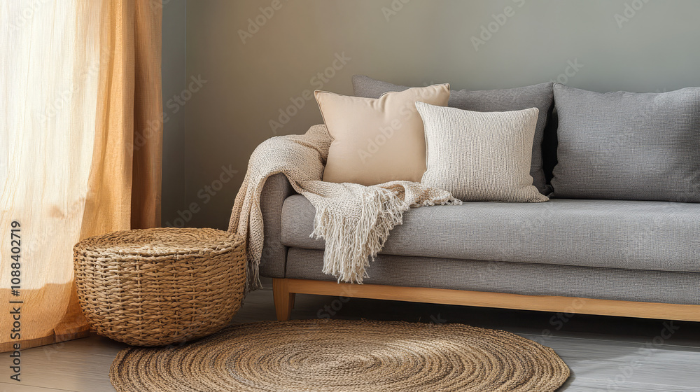 A cozy living room with a comfortable grey sofa soft pillows and natural decor elements A cozy living room with a comfortable grey sofa soft pillows and natural decor elements