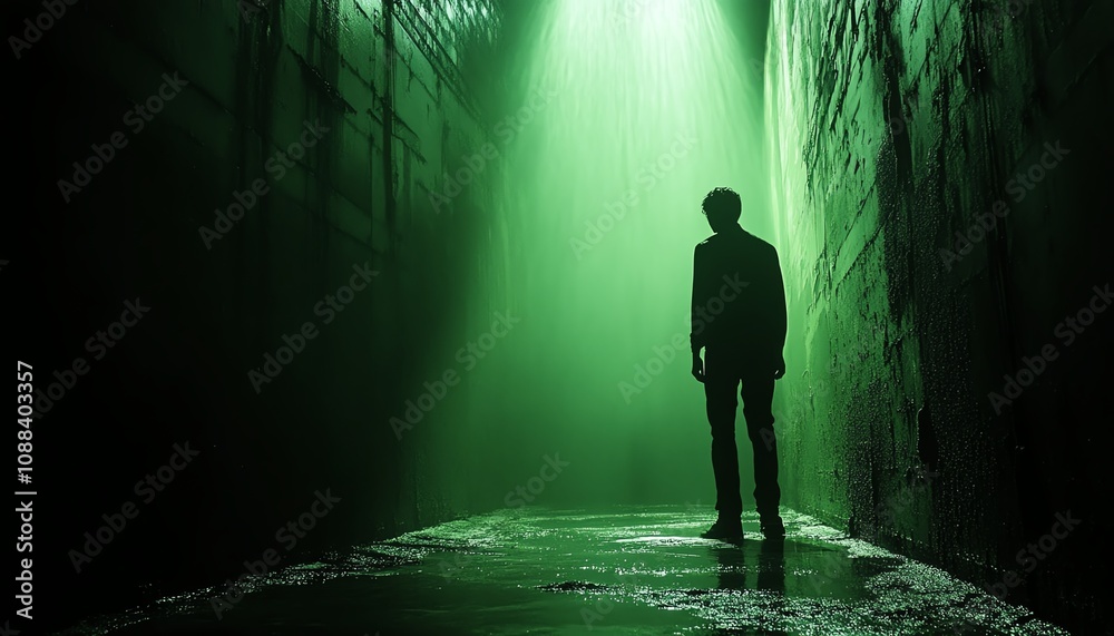 Eerie greenlit scene with a man walking in the dark, dramatic silhouette against shadows, mysterious lighting from above, dark and ominous mood