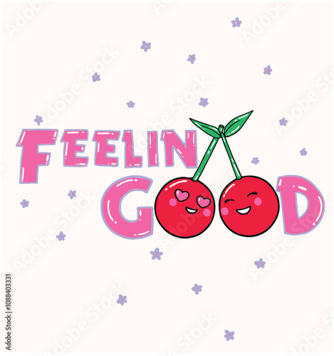 Retro Graphic Cherry with slogan typography and ditsy flowers vector illustration, for t-shirt graphic.
