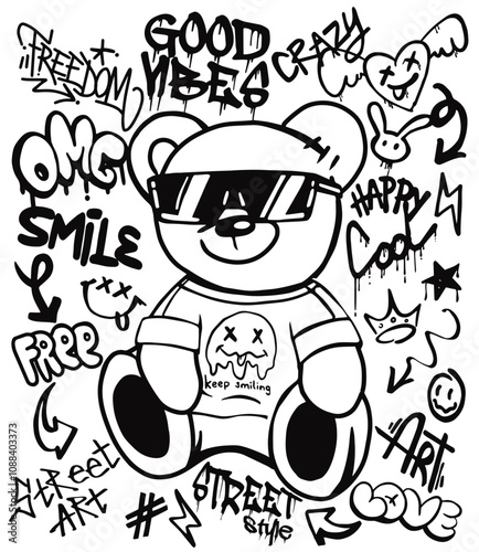 Teddy bear black and white illustration in graffiti street art style for streetwear and urban style t-shirts design, motivational typography slogan and graffiti spray elements.