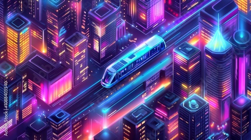 Futuristic Isometric Cityscape with Speed Trains, Bridges, Highways, and Glowing Skyscrapers - Modern Urban Illustration with Neon Glow.