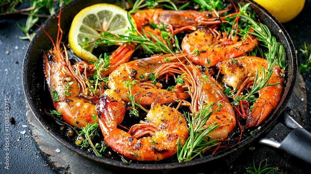 Freshly Grilled Shrimp with Lemon and Herbs in Skillet, Highlighting Juicy Seafood and Aromatic Greenery for Culinary Inspiration and Delicious Dining Freshly Grilled Shrimp with Lemon and Herbs in Skillet, Highlighting Juicy Seafood and Aromatic Greenery for Culinary Inspiration and Delicious Dining