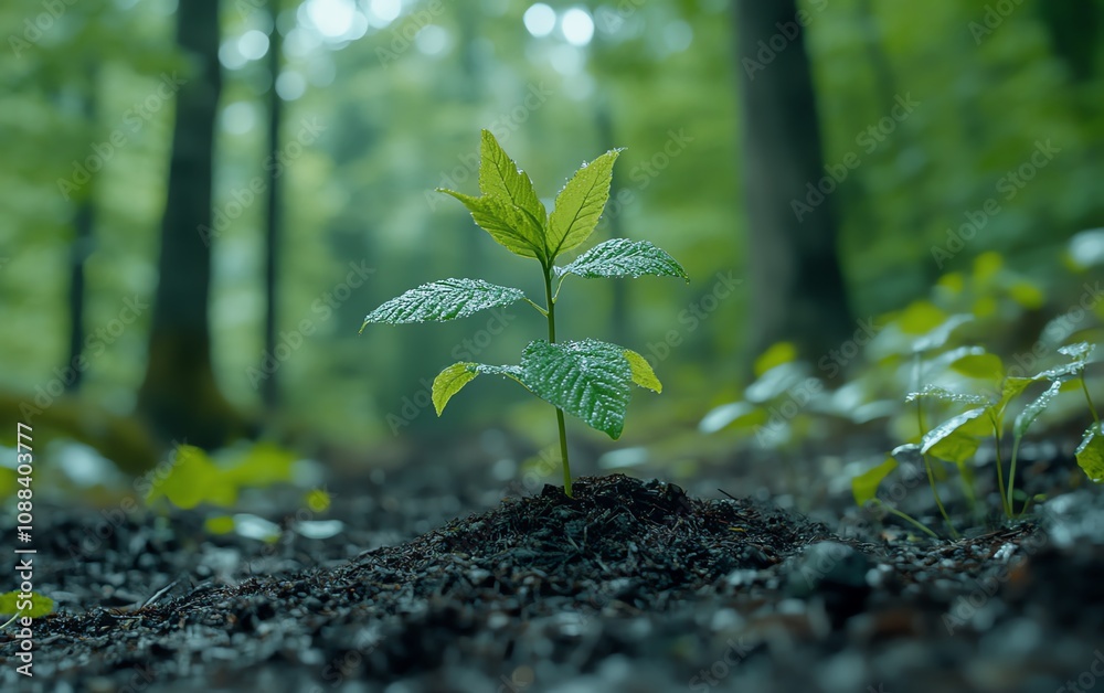 Green plant growing upwards from the ground on a forest floor, symbolizing growth and success in business, lush nature, vibrant greenery, motivational concept Green plant growing upwards from the ground on a forest floor, symbolizing growth and success in business, lush nature, vibrant greenery, motivational concept