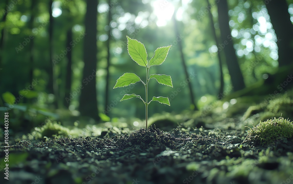 Green plant growing upwards from the ground on a forest floor, symbolizing growth and success in business, lush nature, vibrant greenery, motivational concept Green plant growing upwards from the ground on a forest floor, symbolizing growth and success in business, lush nature, vibrant greenery, motivational concept