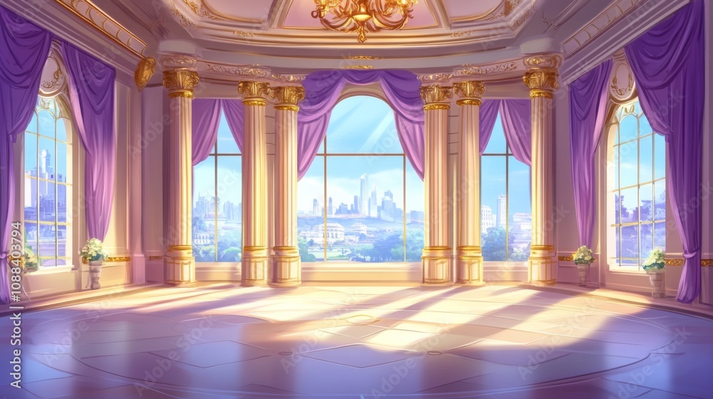 Fototapeta premium Royal Castle Ballroom with Windows, Curtains, Columns, and Gold Chandeliers - Modern Cartoon Illustration Palace Setting