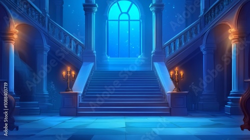 Haunted Specter: Baroque Palace Hallway with Glowing Candles and Eerie Atmosphere at Night