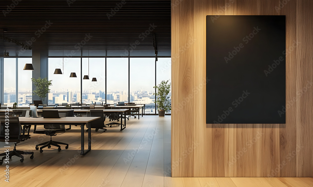 Modern office interior with wooden walls, empty dark canvas, desks in background Modern office interior with wooden walls, empty dark canvas, desks in background