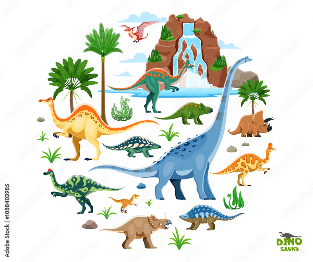 Fototapeta premium Prehistoric cartoon dinosaurs in round isolated shape. Vector dino species characters amidst a lush jurassic era landscape with palm trees, ferns, waterfall, tropical plants and volcanic rocks