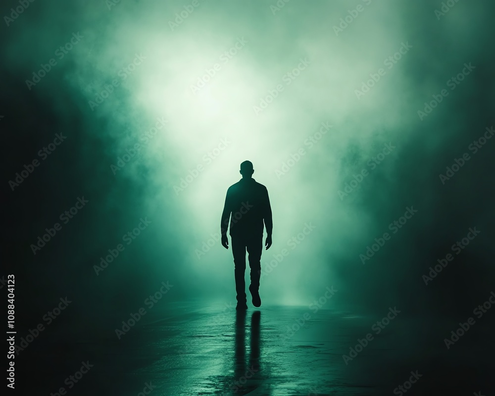 Man walking through dark space, illuminated by green light from above, creating eerie silhouette, dramatic shadows, ominous and mysterious atmosphere Man walking through dark space, illuminated by green light from above, creating eerie silhouette, dramatic shadows, ominous and mysterious atmosphere