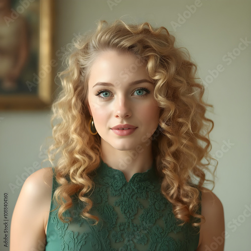 Mujer con cabello rizado y vestido verde, un toque de modernidad y frescura