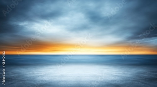 Tranquil Seascape at Dusk with Dramatic Clouds and Vibrant Horizon Reflecting in Calm Waters, Evoking Peace and Natural Beauty for Relaxation and Inspiration