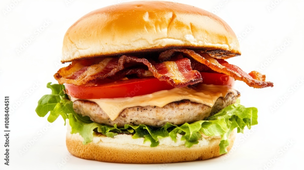 A gourmet turkey burger with a seasoned turkey patty, melted pepper jack cheese, crispy bacon A gourmet turkey burger with a seasoned turkey patty, melted pepper jack cheese, crispy bacon