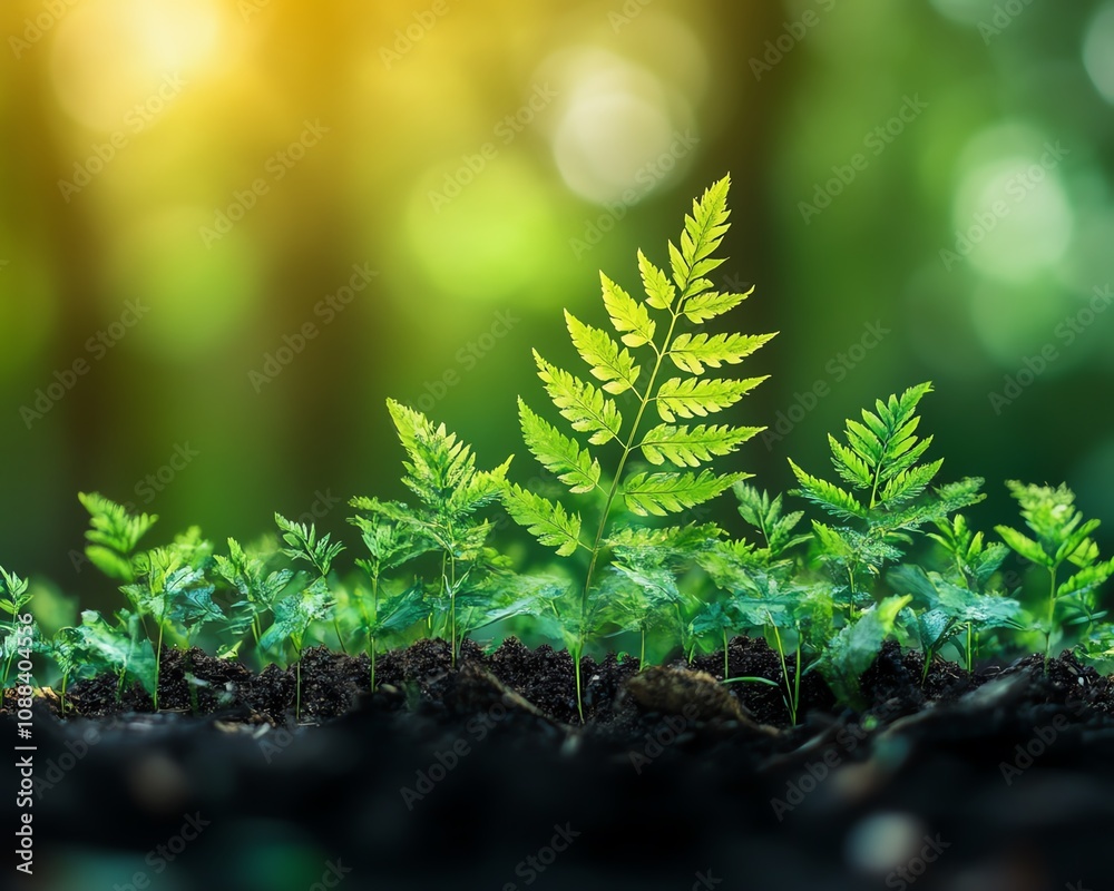 A green plant growing upward from the forest floor, symbolizing success and growth in business, lush leaves, natural environment, positive energy and prosperity A green plant growing upward from the forest floor, symbolizing success and growth in business, lush leaves, natural environment, positive energy and prosperity