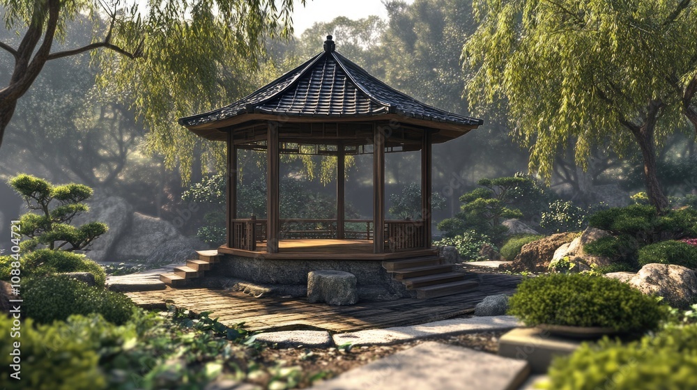 Simple gazebo in a Japanese-style garden, surrounded by bonsai trees Simple gazebo in a Japanese-style garden, surrounded by bonsai trees