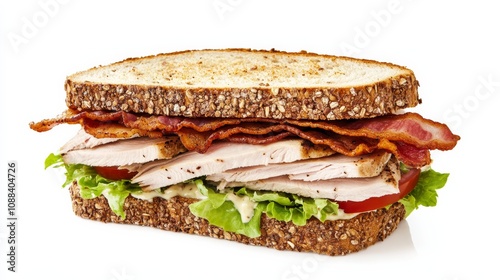 A gourmet turkey club sandwich with layers of roasted turkey breast, crispy bacon, lettuce