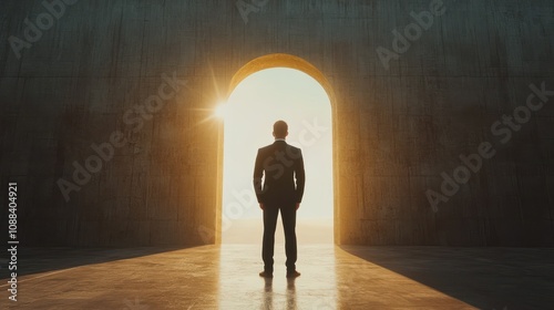 Back view of businessman standing in abstract key opening in wall with bright light and mock up place. Solution and decision concept