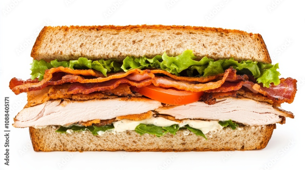 A gourmet turkey club sandwich with roasted turkey breast, crispy bacon, lettuce A gourmet turkey club sandwich with roasted turkey breast, crispy bacon, lettuce